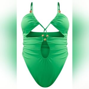 Pretty Little Things Plus Green Bead Detail Ruched Cut Out Swimsuit NWT